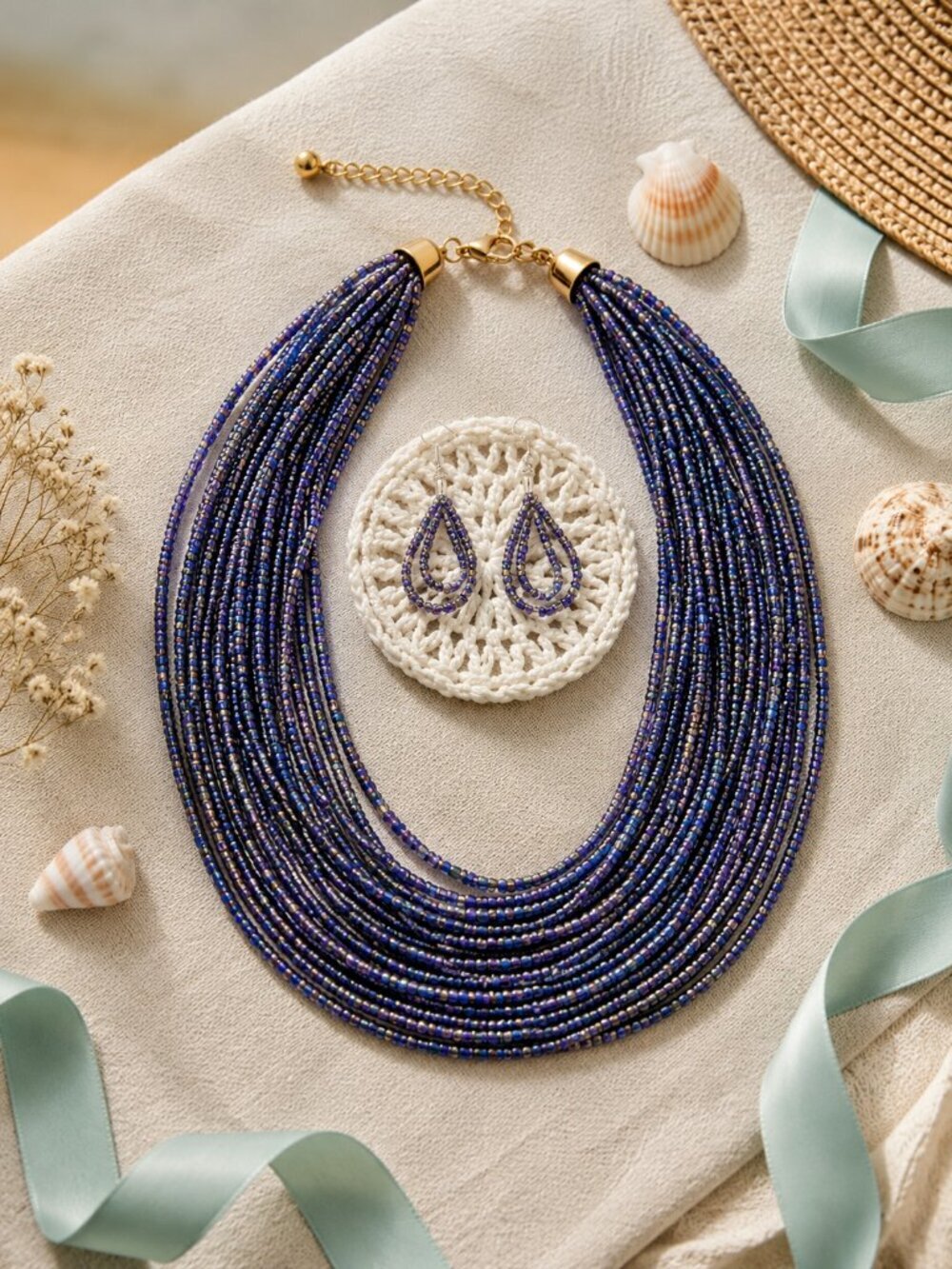 Multilayered Beaded Necklace and Earrings Jewelry Set Boho Chic Purple Blue 19"